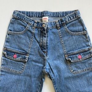 Flared Gymboree jeans with rainbow stitching & beading.  Girls size 9